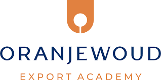 Oranjewoud Export Academy logo blauwe oranje letters met symbool