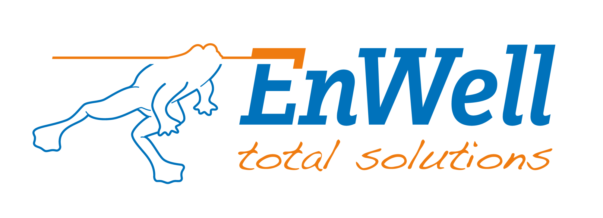 EnWell total solutions logo in blauwe en oranje letters met een kikker