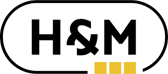H & M Houtbewerkingmachines Logo zwarte letters ovaal zwart drie gele vierkanten