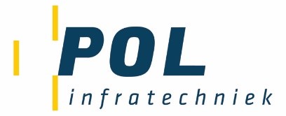 Logo-Pol-Infratechniek met achtergrond wit blauwe letters drie gele strepen