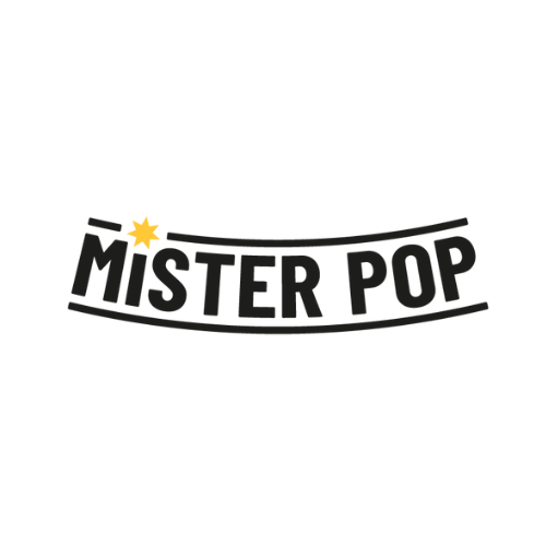 Mister pop logo zwarte letters met gele ster